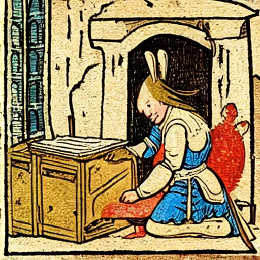 Image similar to medieval book illustration of a rabbit baking in a kitchen