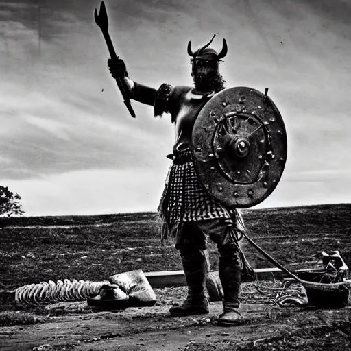 Image similar to wise angle photo of viking in armor working on the mechanical ancient device, tools and junk on the ground,wires and lights, old village in the distance, vintage old photo, black and white, sepia