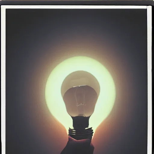 Image similar to hand holding a glowing lightbulb, polaroid photo, surreal,
