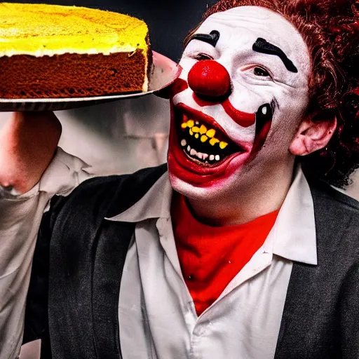 Image similar to happy clown unlocking his jaw in order to devour the world's largest cake, strange photo