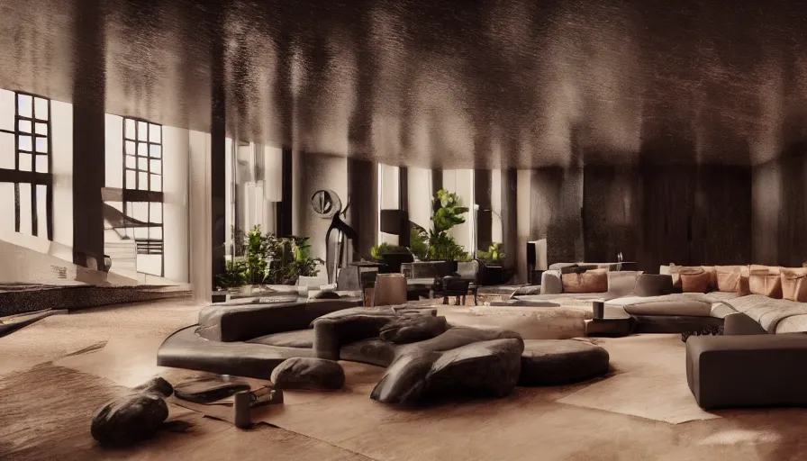 Prompt: a futuristic apartment interior in the style of a red granite cavern, one black leather couch, luxury, plants, pool of water, high ceiling, dark moody lighting, foggy atmosphere, 16mm lens, by craig mullins, octane rendering