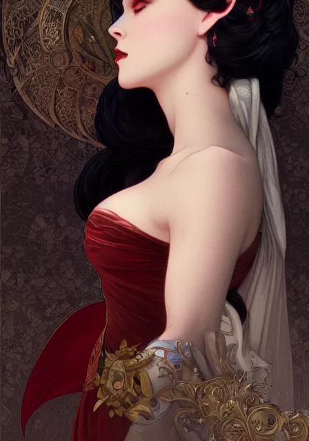 Image similar to snow white and evil queen, intricate, elegant, highly detailed, digital painting, artstation, concept art, smooth, sharp focus, illustration, art by artgerm and greg rutkowski and alphonse mucha and william - adolphe bouguereau