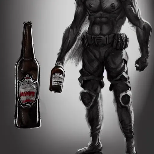 Image similar to a humanoid german shepherd beast - man in military style, holding a bottle of beer, artstation, concept art, smooth, sharp foccus ilustration, artstation