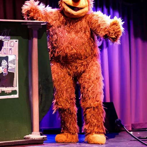 Prompt: fozzie bear telling jokes on stage