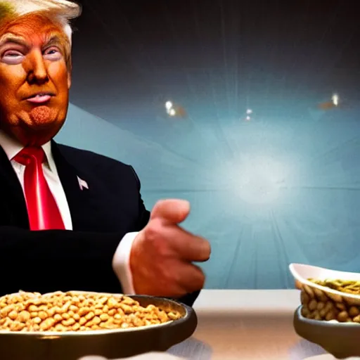 Prompt: Donald Trump eating a bowl of beans in a movie theater