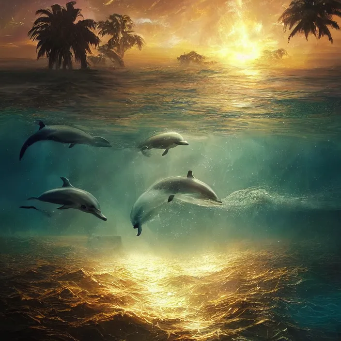 Prompt: dolphins swimming underwater, golden hour, god rays, coral reef, dreamscape by artgerm and ruan jia and ismail inceoglu and greg olsen, cosmos, milky way galaxy, masterpiece, beautiful, intricate, elegant, highly detailed, palm trees