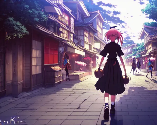 Image similar to key anime visual portrait of a young female witch walking through a busy fantasy village, ilya kuvshinov, dynamic pose, dynamic perspective, cinematic, dramatic lighting, muted colors, detailed silhouette, textured, anime proportions, kyoto animation, haibane renmei, niea under 7, yoh yoshinari