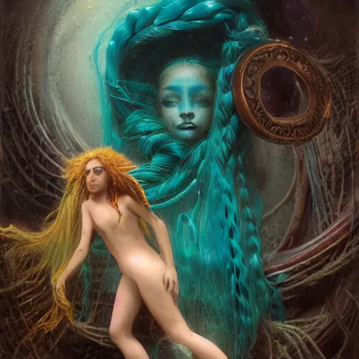 Image similar to birth of mami wata, sumerian goddess inanna ishtar, ashteroth, techno mystic goddess princess intergalactica, with aqua neon rapunzel dreadlocks, mami wata, detailed, by gaston bussiere, bayard wu, greg rutkowski, giger, maxim verehin, greg rutkowski, masterpiece, sharp focus,