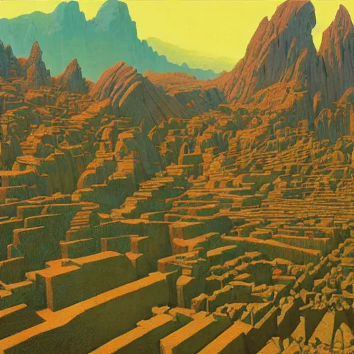 Prompt: beautiful rendered in zbrush ancient painting of a beatiful scenic mountain range surrounded by holographic Myrtle squares, by Jean Giraud and Zdzisław Beksiński and Chesley Bonestell and James Gurney, Mc Escher,