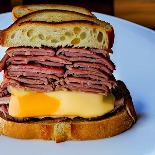 Image similar to a huge tower of ruben cornbeef wiht a slice of bread on either side, delicious mouth watering melted cheese, food photography