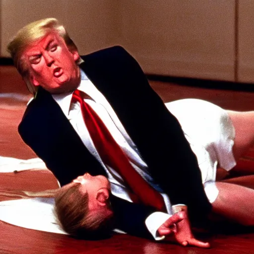 Prompt: Donald Trump laying dead on the floor in American Psycho (1999)