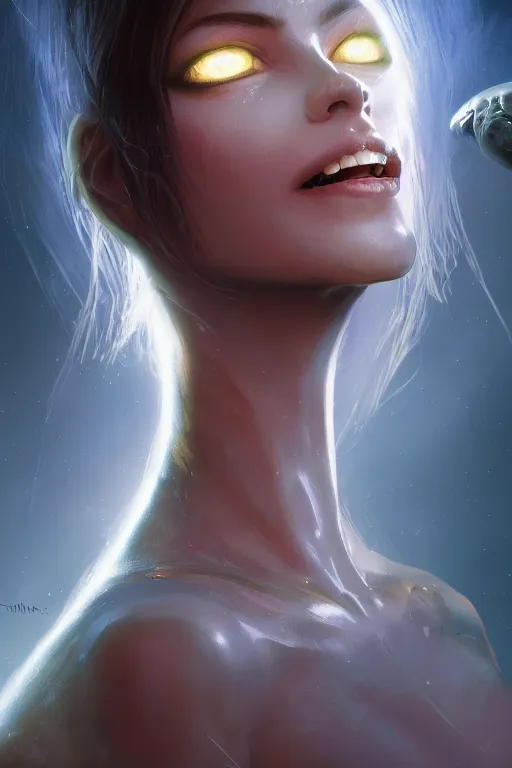 Prompt: attractive female alien - vampire, close - up portrait, intricate, elegant, volumetric lighting, scenery, digital painting, highly detailed, artstation, sharp focus, illustration, concept art, luis rollo, ruan jia, steve mccurry, john berkey