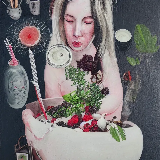 Image similar to “ a portrait in a female art student ’ s apartment, sensual, a pig theme, pork, bath, art supplies, surgical iv bag, octopus, ikebana, herbs, a candle dripping white wax, japanese pottery, squashed berries, berry juice drips, acrylic and spray paint and oilstick on canvas, surrealism, neoexpressionism ”