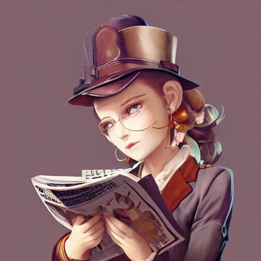 Prompt: a steampunk detective girl sitting in her office reading a newspaper | | cute - fine - face, pretty face, fine details by stanley artgerm lau, wlop, rossdraws, james jean, andrei riabovitchev, marc simonetti, and sakimichan, trending on artstation