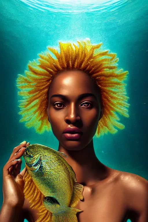 Image similar to hyperrealistic precisionist cinematic underwater scene with fish and algae, very expressive! translucent elegant african goddess, full body, gold jewerly, highly detailed face, digital art masterpiece, eric zener aykut aydogdu, volumetric light, long shot, low angle uhd 8 k, sharp focus