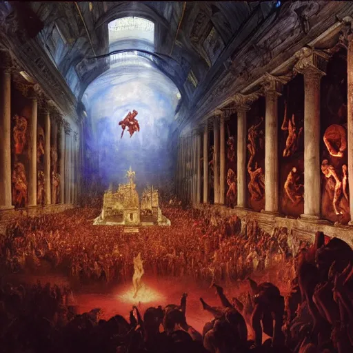 Image similar to the sistine chapel breaks open in half in the ceiling as a red magical portal from hell opens up, lucifer morningstar emerges along with hordes of demons, the priests and the pope look at the scene with terror in their eyes. highly detailed painting by gaston bussiere, greg rutkowski, craig mullins 8 k