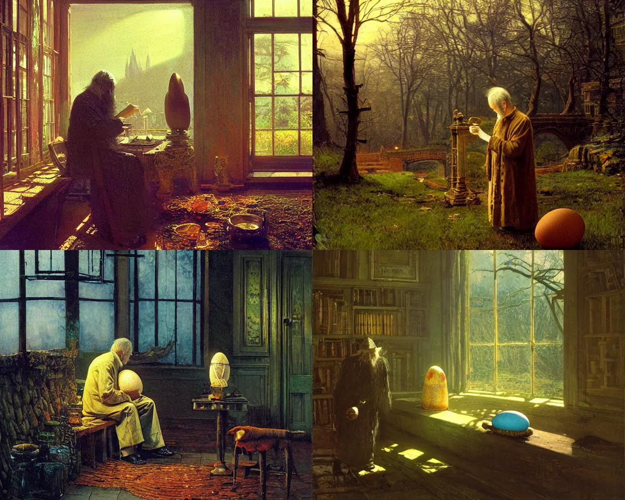 Prompt: old wizard examining a creature egg in a magical study, depth of field, dramatic lighting, cinematic, vivid colors, matte painting, by Daniel Garber and John Atkinson Grimshaw