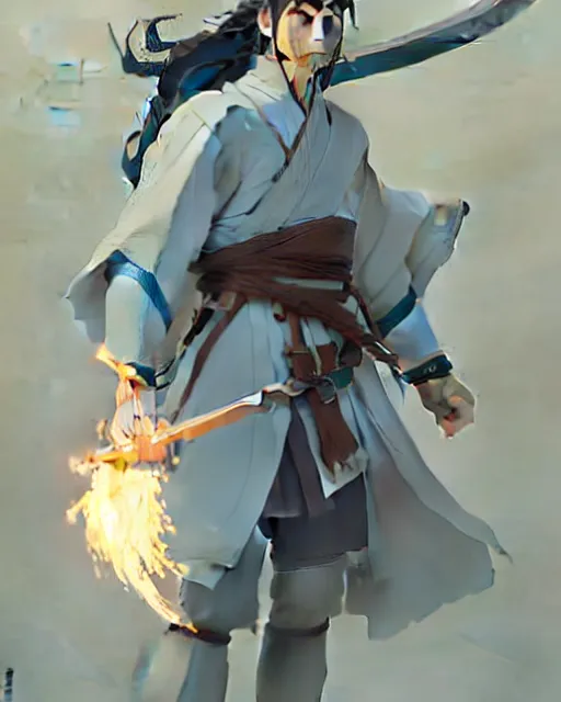 Image similar to ancient warrior, a south korean male, he wears a light blue jacket, white long hair, detailed perfect face, exquisite details, fire magic, mid view, design on a white background, by studio muti, greg rutkowski makoto shinkai takashi takeuch studio ghibli