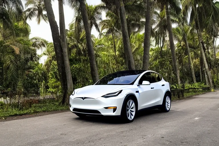 Image similar to Tesla model y on the road in a beautiful lush tropical city