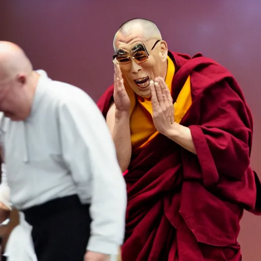 Prompt: furious dalai lama punches the camera