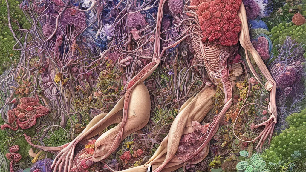 Image similar to highly detailed illustration of a human anatomy body exploded by all the known species of plants, flowers, corals and mushrooms by juan gatti, by makoto shinkai, by moebius!, by oliver vernon