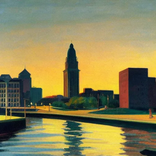 Prompt: a beautiful painting of Columbus Ohio by Edward Hopper, golden hour, 8k, 4k