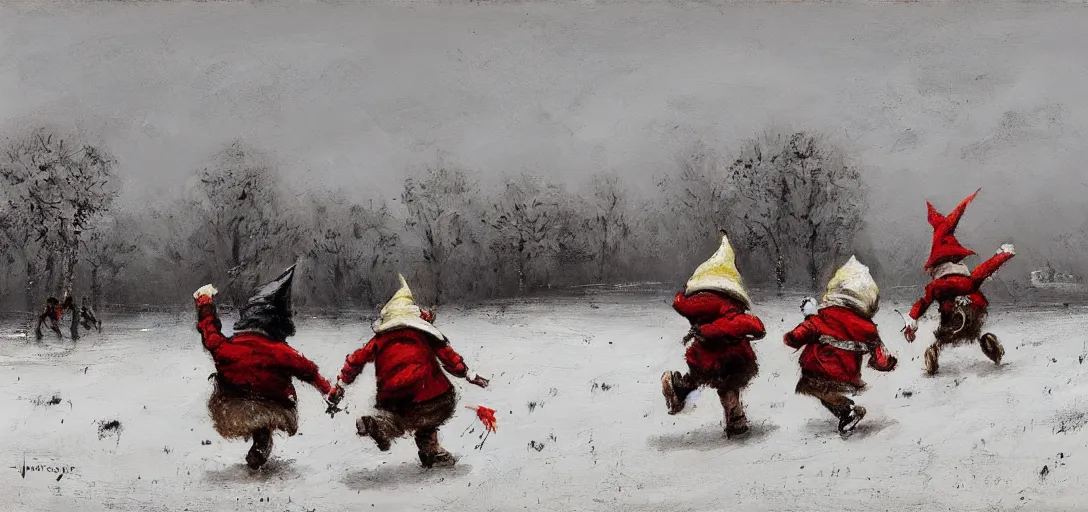 Image similar to two gnomes running from a monster, snowy fields, painting by jakub rozalski,