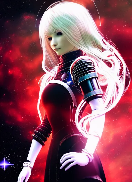 Prompt: highly detailed portrait of a hopeful pretty astronaut lady with a wavy blonde hair, by Barry Winsor Smith, 4k resolution, nier:automata inspired, bravely default inspired, vibrant but dreary but upflifting red, black and white color scheme!!! ((Space nebula background))