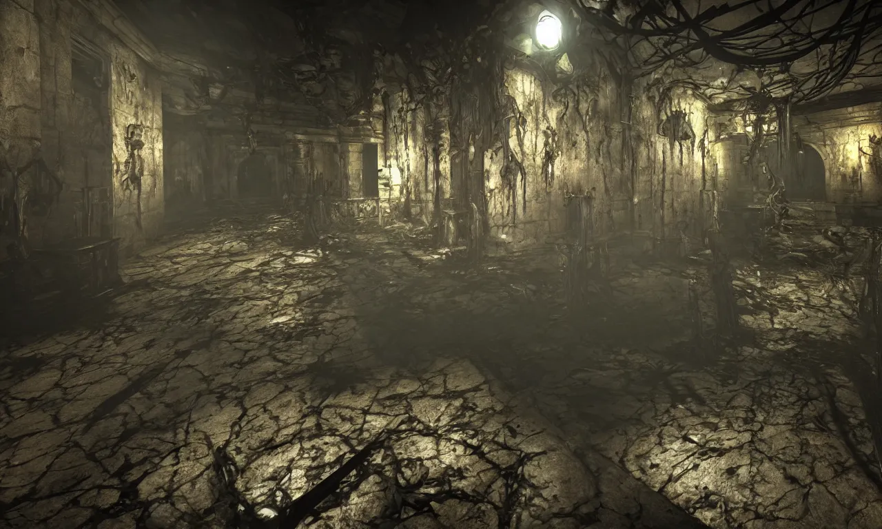 Image similar to screenshot from horror fps, biomechanical first person weapon, dilapidated dungeon level, undead monsters, cryengine, subsurface scattering, raytraced shading, 8 k