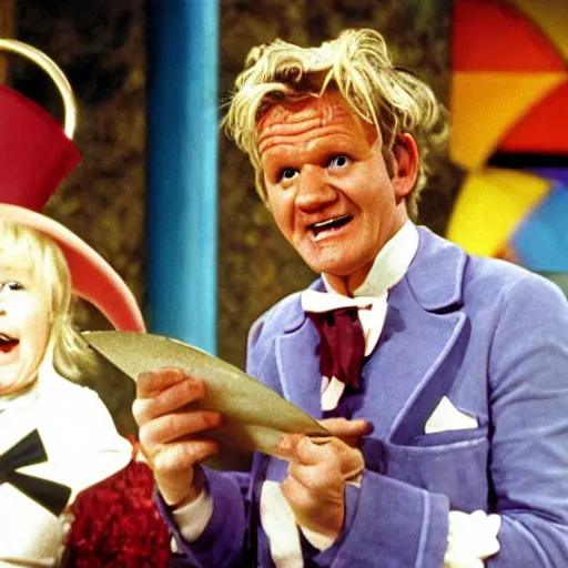 Image similar to Gordon Ramsay in Willy Wonka and the Chocolate Factory (1971)