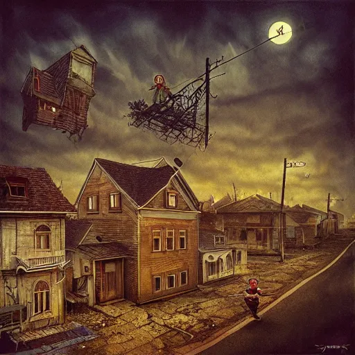 Image similar to Stunning 35mm empty town by Ejsing, Jesper. Full of ghostly children floating above the houses, photography, surrealism, dark, fantasy, Crewdson, Gregory