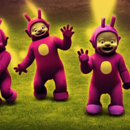 Prompt: A group of 4 Teletubbies, laughing as they make a human sacrifice for their demonic cult in their Teletubby temple. Highly detailed, rendered in unreal engine 5, daguerreotype portrait.