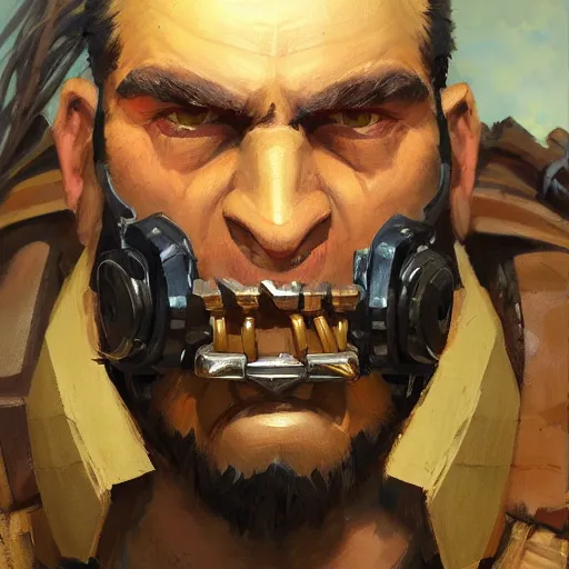 Prompt: greg manchess close - up portrait painting of a ruggedly handsome male dieselpunk orc with olive green skin as an overwatch character, medium shot, asymmetrical, profile picture, organic painting, sunny day, matte painting, bold shapes, hard edges, street art, trending on artstation, by huang guangjian and gil elvgren and sachin teng