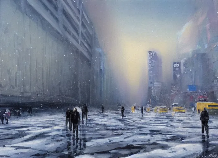 Image similar to an ice tsunami in new york city, oil painting, cold, snow landscape, sci-fi concept art, very detailed