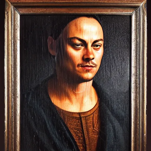 Prompt: oil portrait of a renaissance computer hacker, on a dark neutral background, cyberpunk, regal, highly detailed, by Leonardo Decaprio