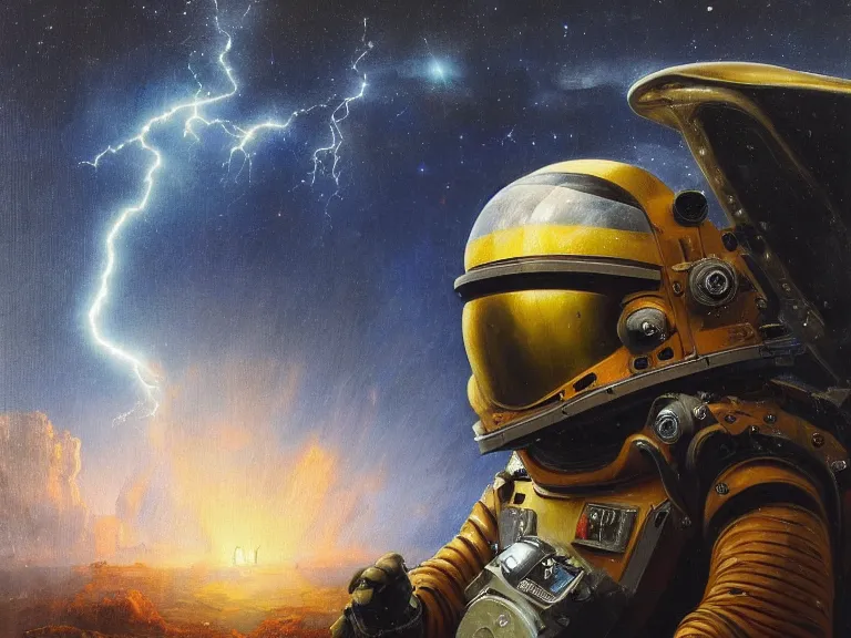 Prompt: a detailed profile oil painting of a lone shock trooper in a spacesuit with reflective helmet, technology flight suit, bounty hunter portrait symmetrical and science fiction theme with lightning, aurora lighting clouds and stars by beksinski carl spitzweg and tuomas korpi. baroque elements, full-length view. baroque element. intricate artwork by caravaggio. Trending on artstation. 8k