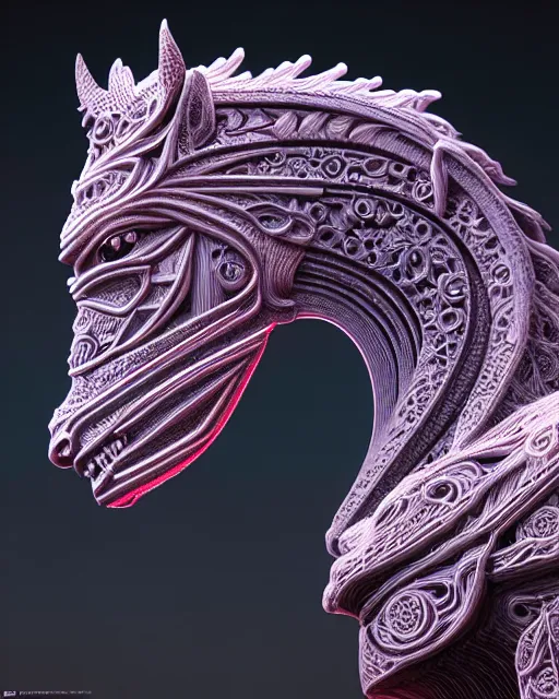 Image similar to 3 d ornate carved horse with profile portrait, sigma 5 0 0 mm f / 5. beautiful intricate highly detailed horse. bioluminescent, plasma, lava, ice, water, wind, creature, thunderstorm! artwork by tooth wu and wlop and beeple and greg rutkowski, 8 k trending on artstation