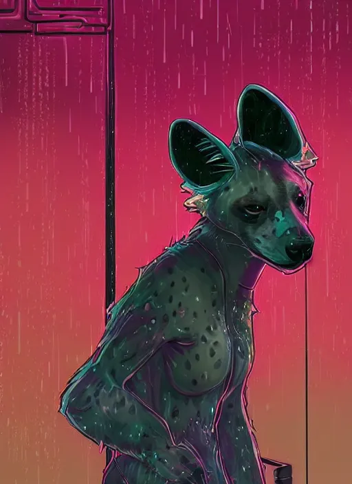 Image similar to beautiful hyena fursona portrait commission of a female anthropomorphic hyena fursona wearing 1 9 8 0 s stylish clothes. city at night in the rain. neon light. atmospheric. character design by charlie bowater, detailed, inked, western comic book art