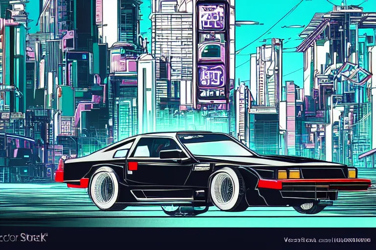 Image similar to 1985 Vector W8 Twin Turbo, city in anime cyberpunk style by Hayao Miyazaki