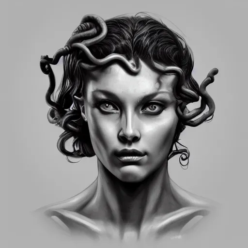 Image similar to medusa portrait painting, black and white, seductive, dynamic lighting, michelangelo, artstation, detailed, blurred background