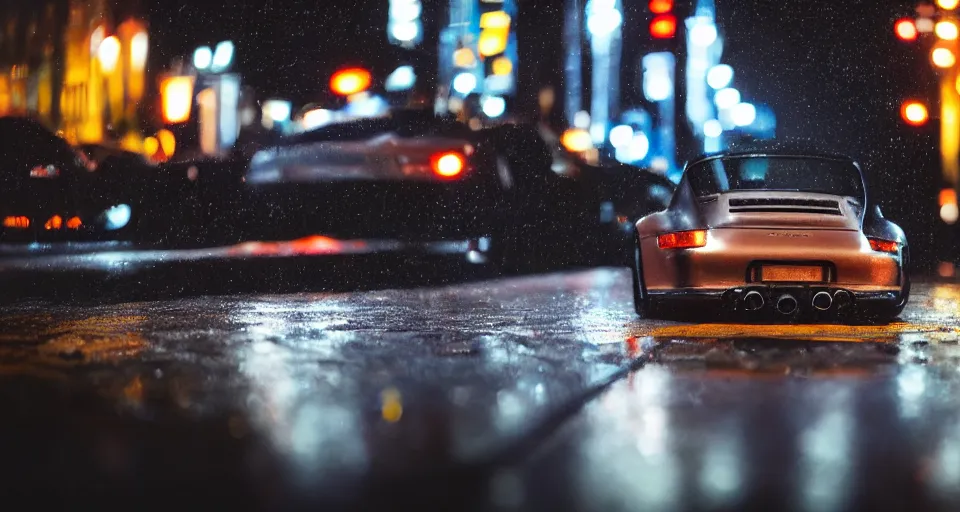 Image similar to close up macro shot of a porsche 9 1 1 car on wet city street at night, intricate, hyper detailed, smooth, high contrast, neon, volumetric lighting, octane, moebius, greg rutkowski, blade runner, ripley scott, cindmatic