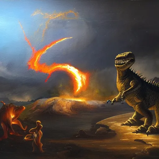 Image similar to masterful oil painting, a meteor crashing to earth while a dinosaur watches it