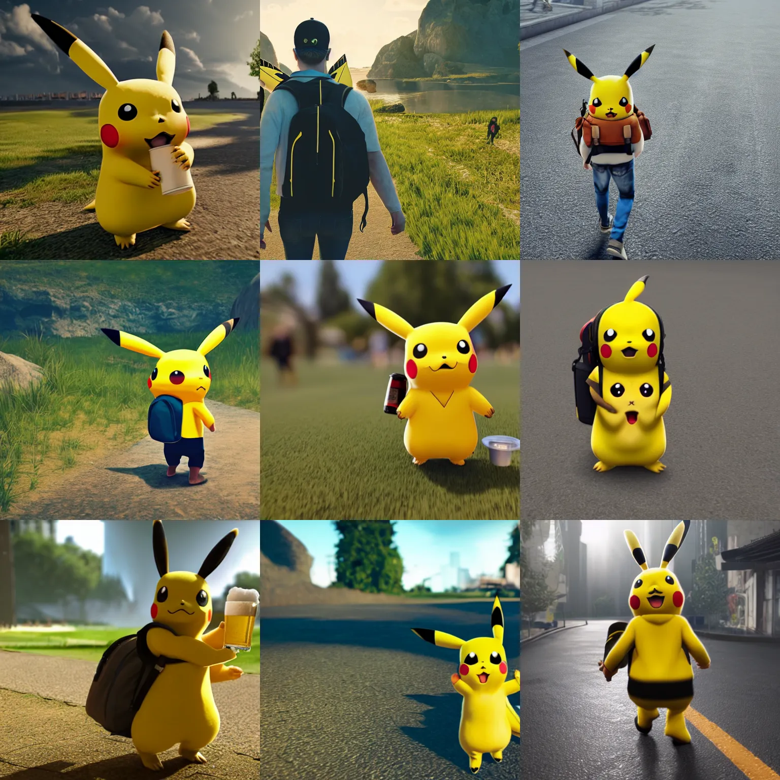 Prompt: pikachu drinking a beer bottle while walking with a backpack on his back, unreal engine, hyper realistic, 4k