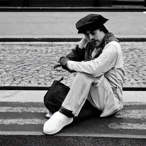 Image similar to black and white fashion photograph, highly detailed portrait of a depressed white drug dealer sitting on a bench on a busy Paris street, looking into camera, eye contact, natural light, rain, mist, lomo, fashion photography, film grain, soft vignette, sigma 85mm f/1.4 1/10 sec shutter