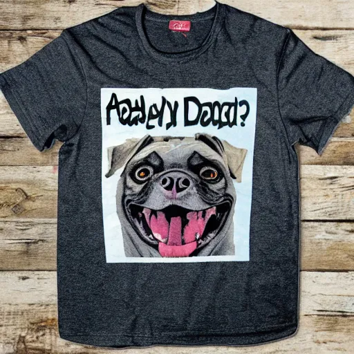 Prompt: flash photography of a graphic shirt with a picture of an angry dog on it, clothing rack, thrift store, funny