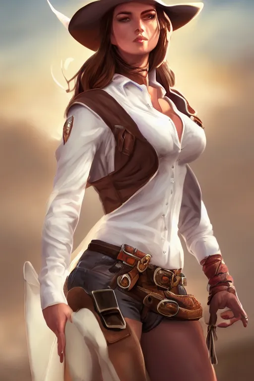 Image similar to full body, female cowgirl, perfect face, white blouse, holster, 8 k, magic the gathering, desert, d & d, artstation, high detail, smooth, muscular