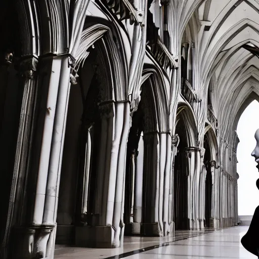 Image similar to architectural shot, no decaying lines, white marble gothic cathedral, alabaster skin, gothic girl dressed in black with macro head face