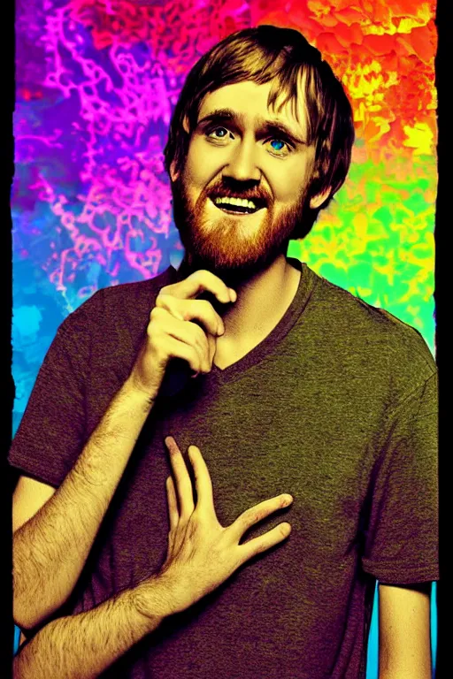 Image similar to inspirational style hope poster of shaggy bo burnham with beard, psychedelic colors, highly detailed, photograph, loving