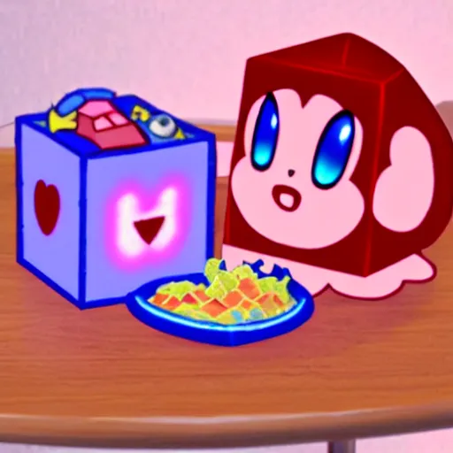 Image similar to kirby eating dinner with companion cube from the game portal, romantic, candlelight, realistic, photo