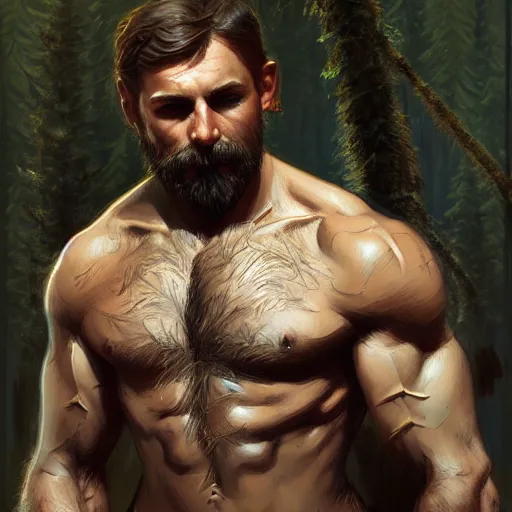 Image similar to Rugged male ranger, muscular, hairy torso, D&D, fantasy, forest, intricate, cinematic lighting, highly detailed, digital painting, artstation, concept art, smooth, sharp focus, illustration, art by Artgerm and Greg Rutkowski and Alphonse Mucha